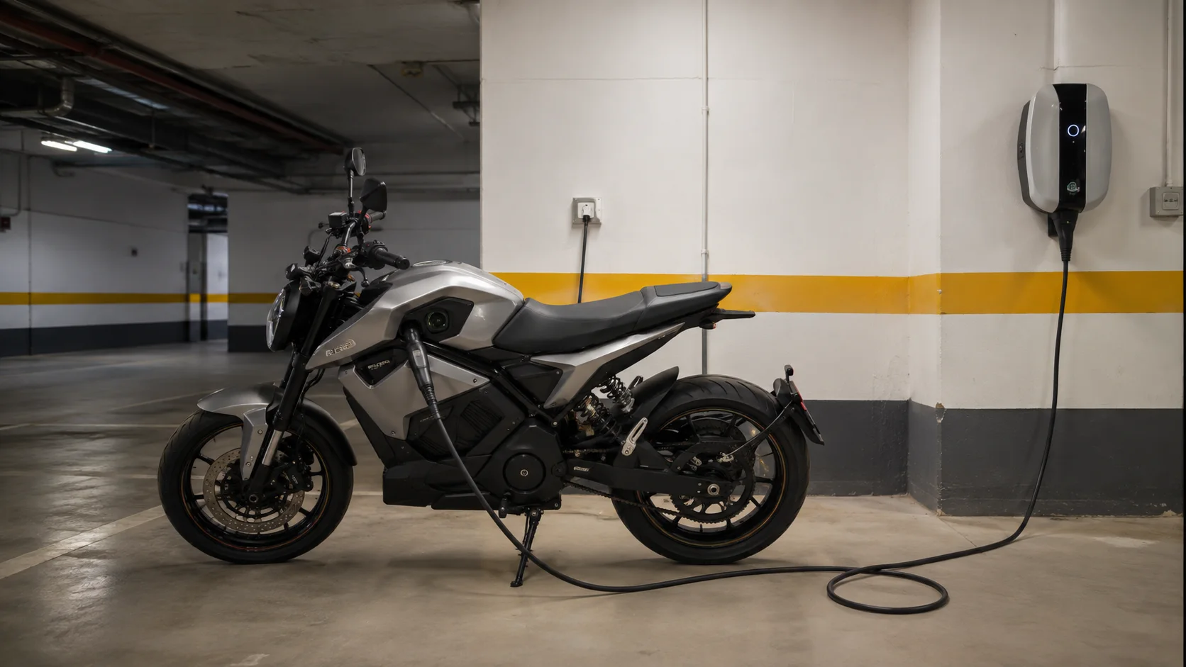 Motocicletă electrică încărcată într-o parcare subterană de bloc